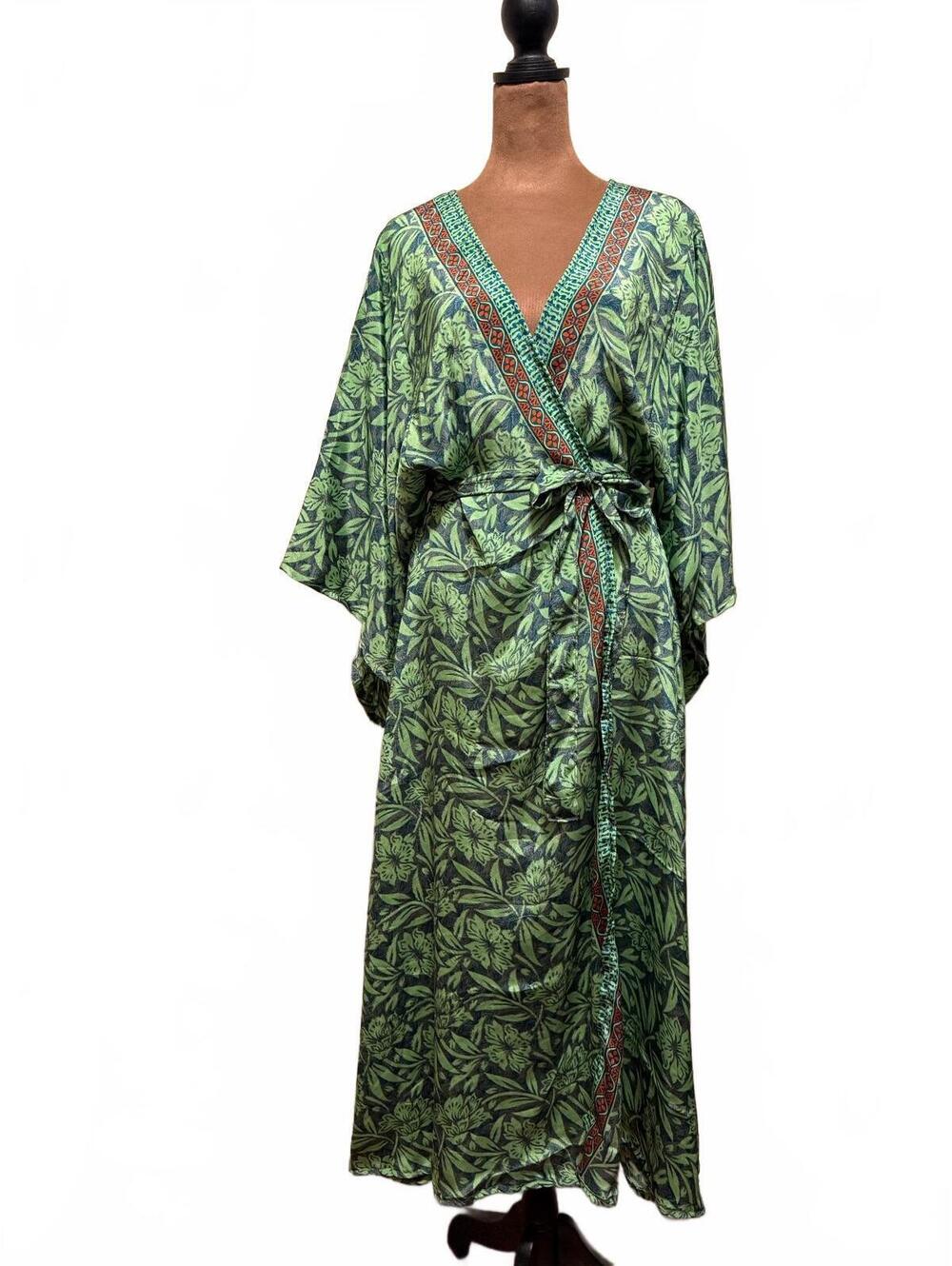 Women's green leaf print sari silk long kimono robe with belt